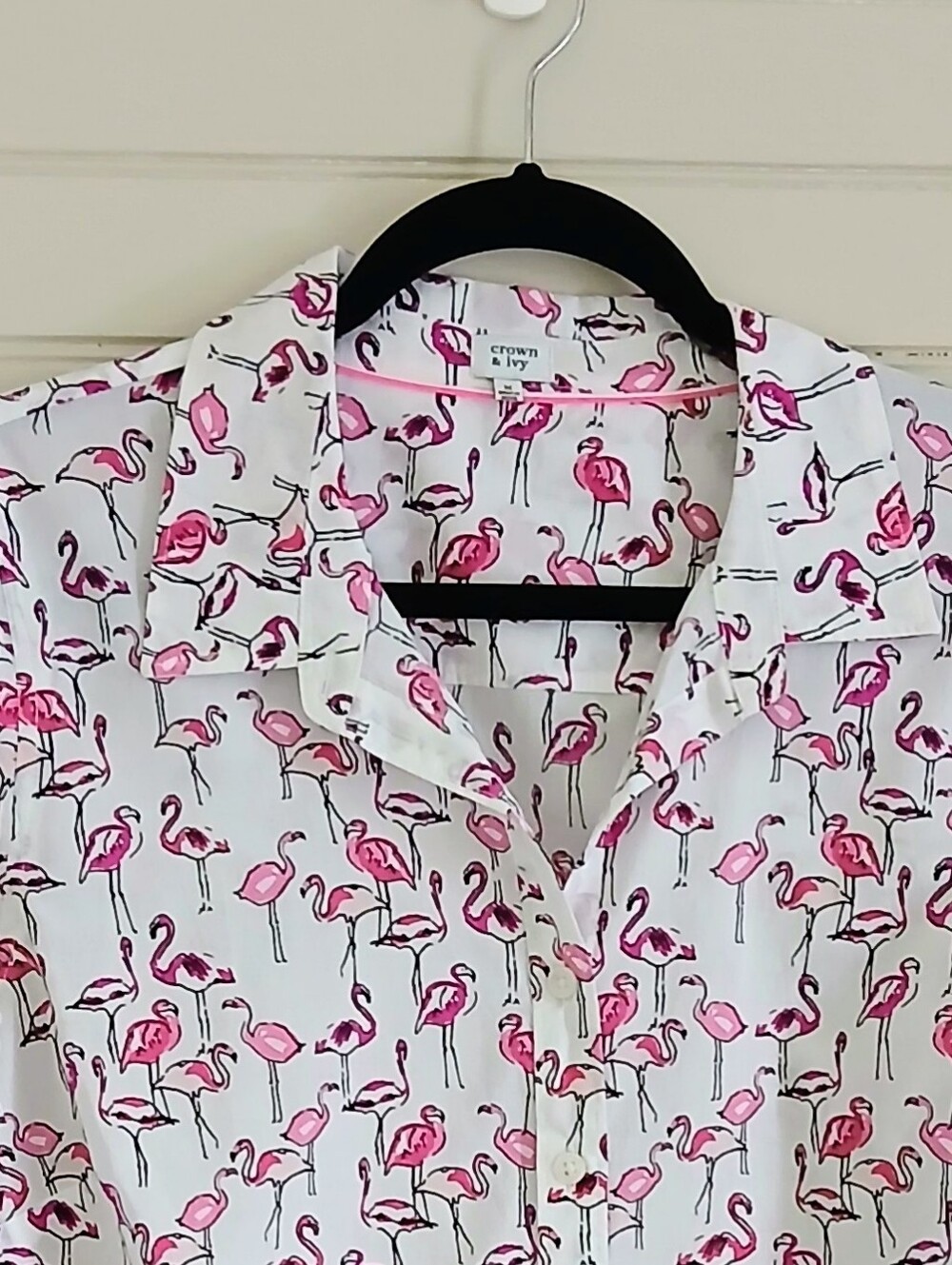 Pink Flamingo Women's Medium Print Button Front Shirt Long Sleeve Coastal Cotton